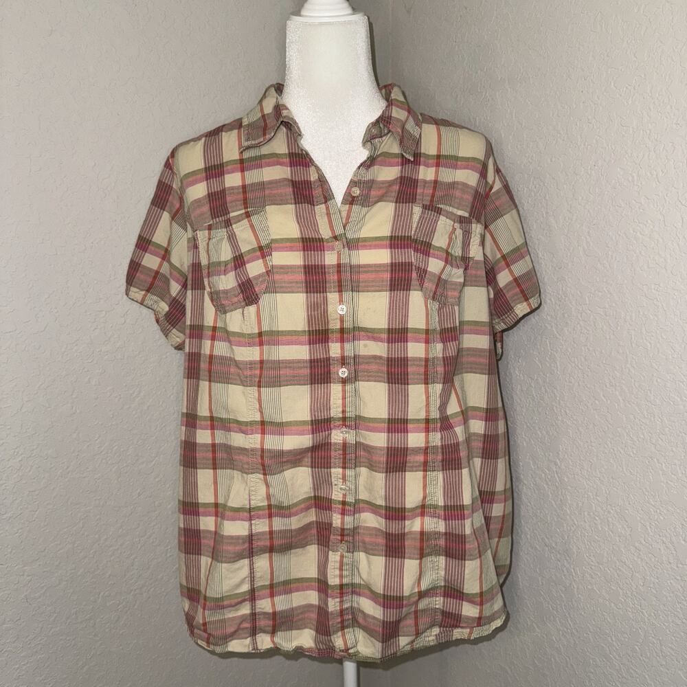 Tommy Hilfiger Shirt Blouse Women’s 18 Beige Red Plaid Short Sleeve Button-Up